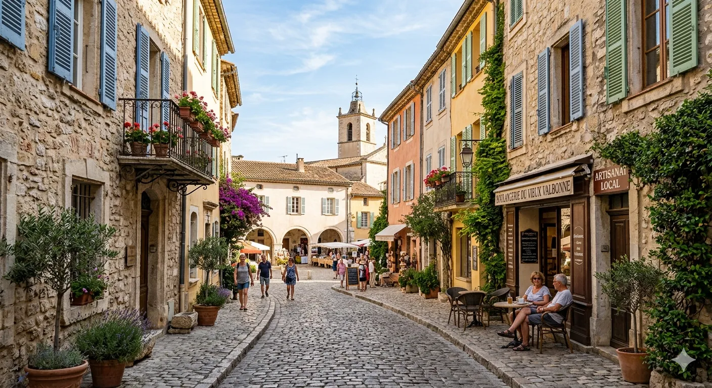 Ruelle du village de Valbonne Côte d’Azur avec maisons en pierre et fleurs