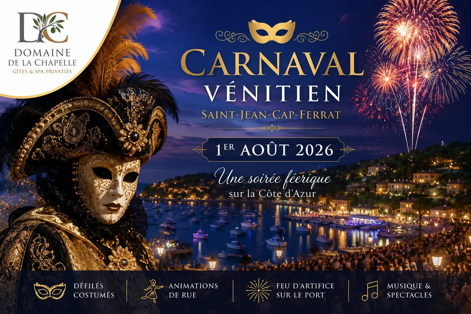 Carnaval vénitien Saint-Jean-Cap-Ferrat 2026 Carnaval vénitien de Saint-Jean-Cap-Ferrat avec masques, costumes et feu d'artifice sur la Côte d'Azur