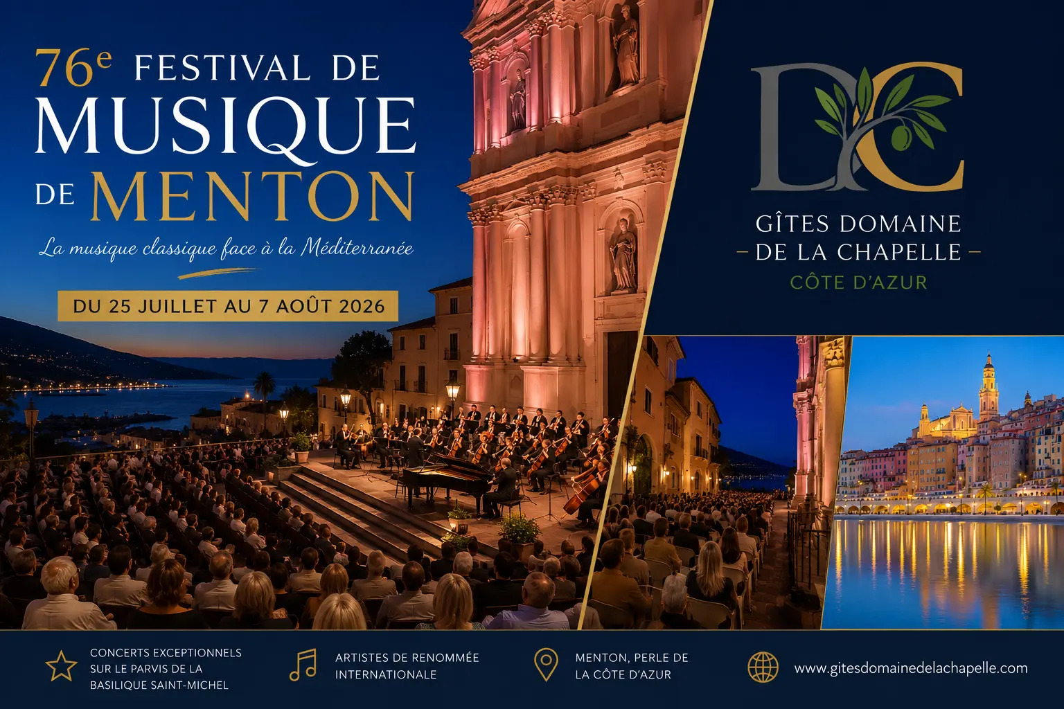 Festival de Musique de Menton 2026 Festival de Musique de Menton 2026 sur le parvis de la Basilique Saint-Michel avec les Gîtes Domaine de la Chapelle