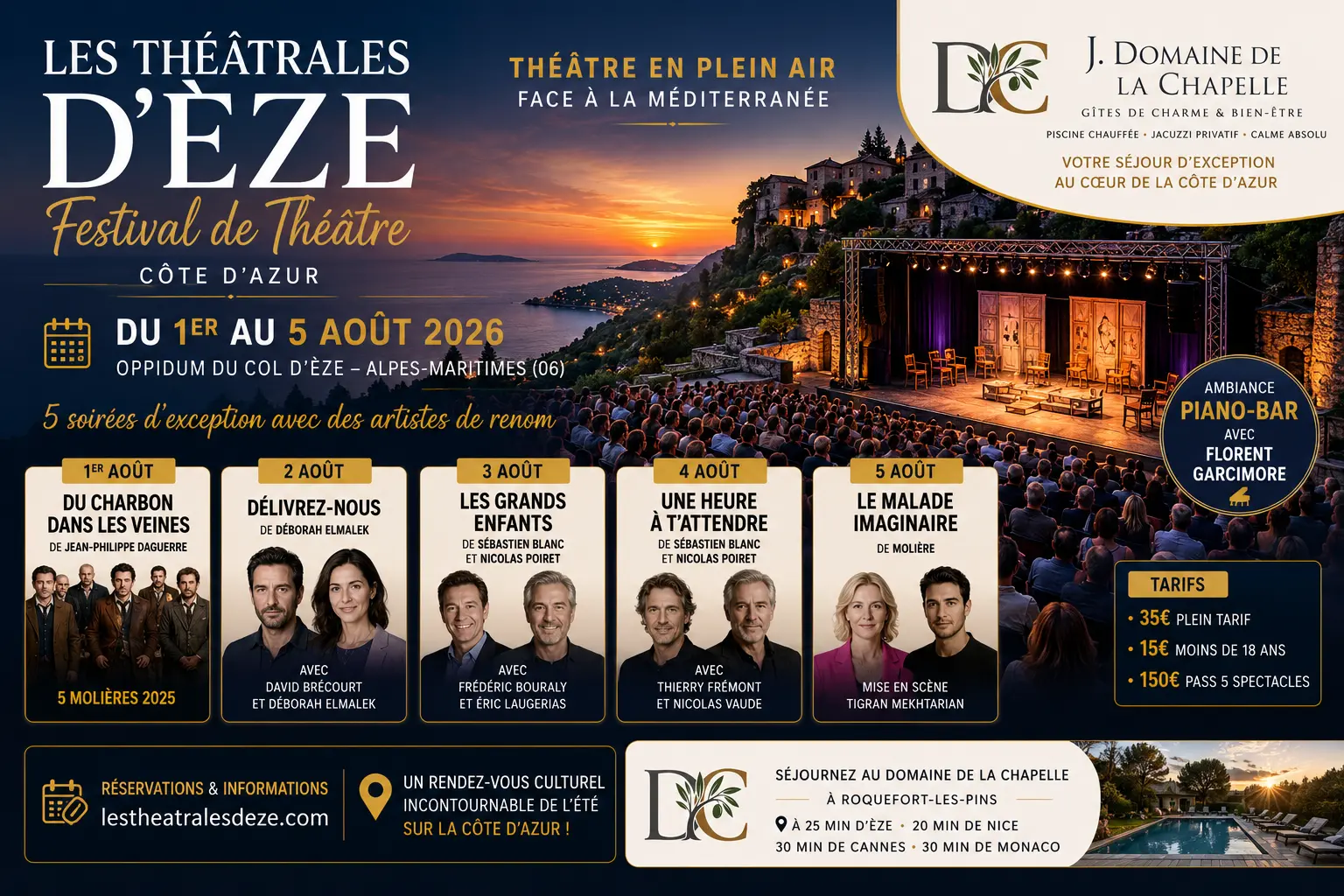 Festival de théâtre d’Èze 2026 – Spectacles en plein air Côte d’Azur Festival de théâtre d’Èze 2026 à l’Oppidum du Col d’Èze sur la Côte d’Azur avec spectacles en plein air face à la Méditerranée