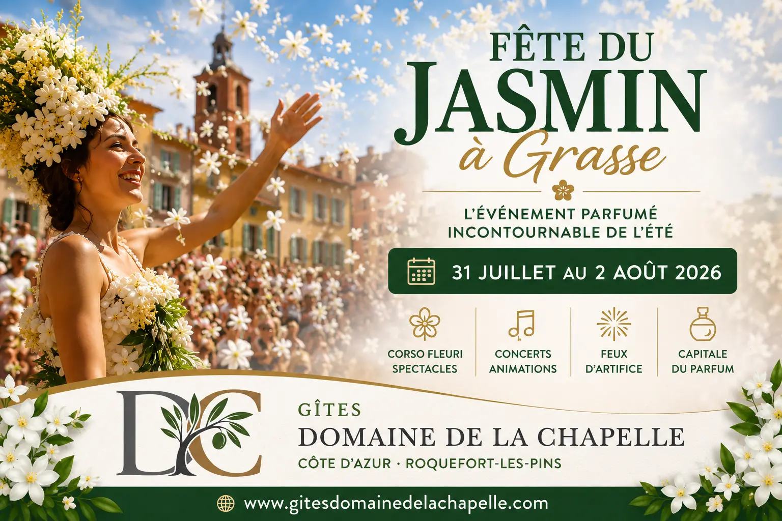 Fête du Jasmin à Grasse Côte d’Azur Fête du Jasmin à Grasse avec défilé de costumes lumineux et animations florales