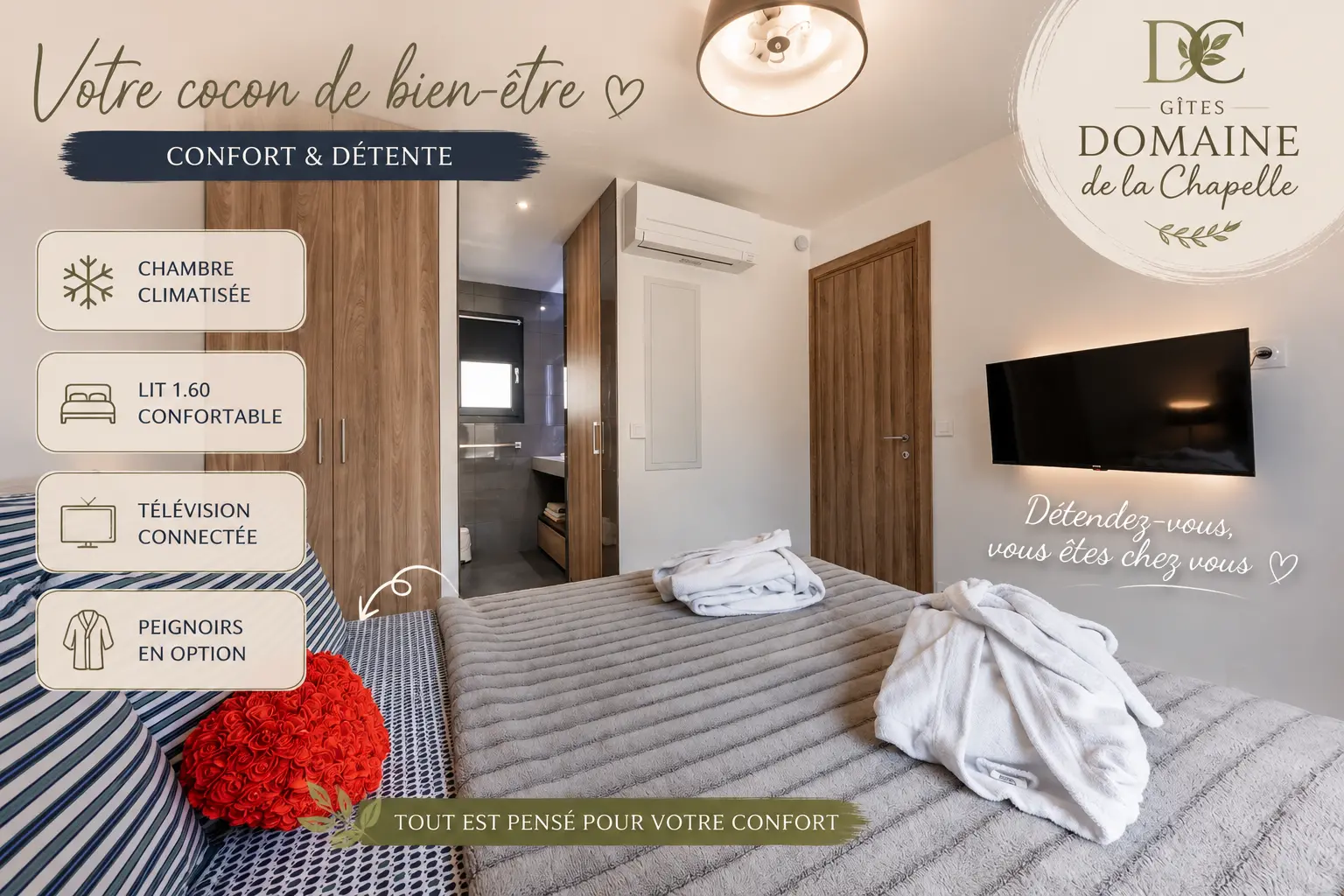 Gîte cocooning Côte d’Azur – chambre climatisée peignoirs et confort total Chambre cocooning gîte spa privatif Côte d'Azur peignoirs et télévision connectée