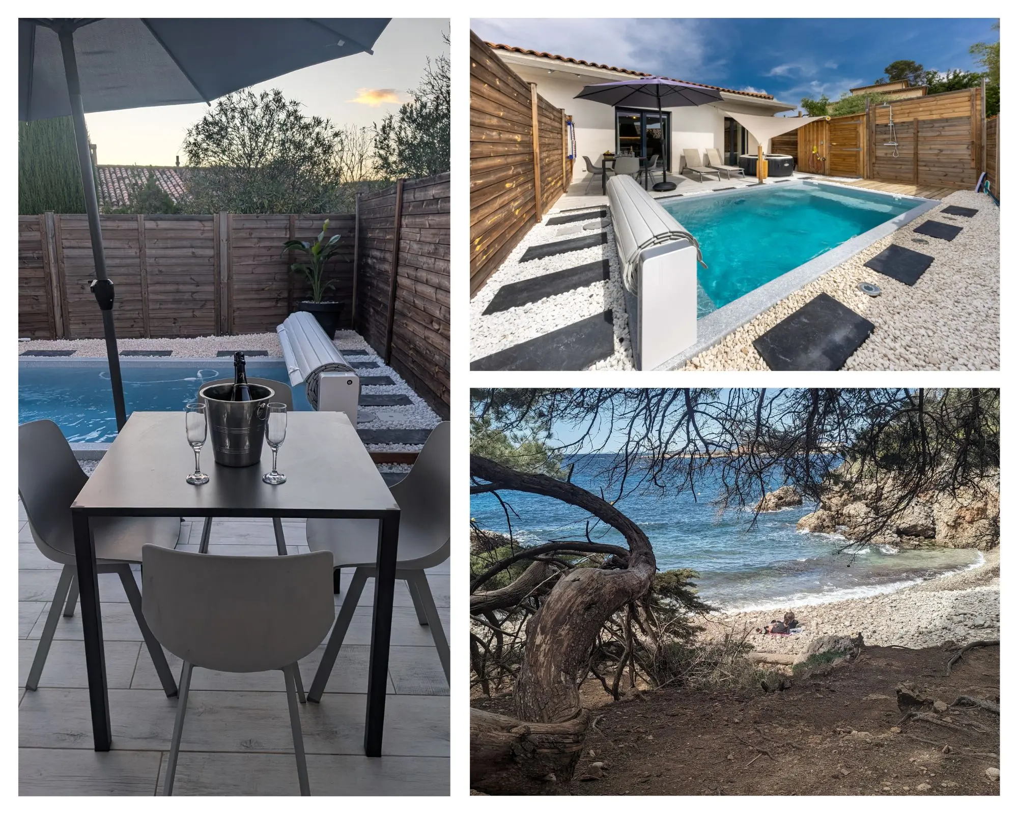 Gîte d’exception piscine privée Côte d’Azur – jacuzzi privé terrasse et crique Hébergement bien-être Côte d'Azur jacuzzi privé piscine chauffée terrasse champagne et crique