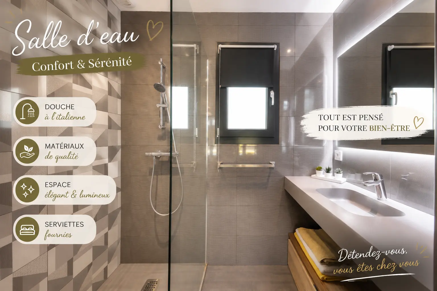 Hébergement premium couple Alpes-Maritimes – salle d’eau design douche italienne Salle d'eau premium hébergement couple Alpes-Maritimes douche italienne matériaux qualité