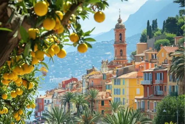 Menton vieille ville façades colorées et citronnier Côte d'Azur