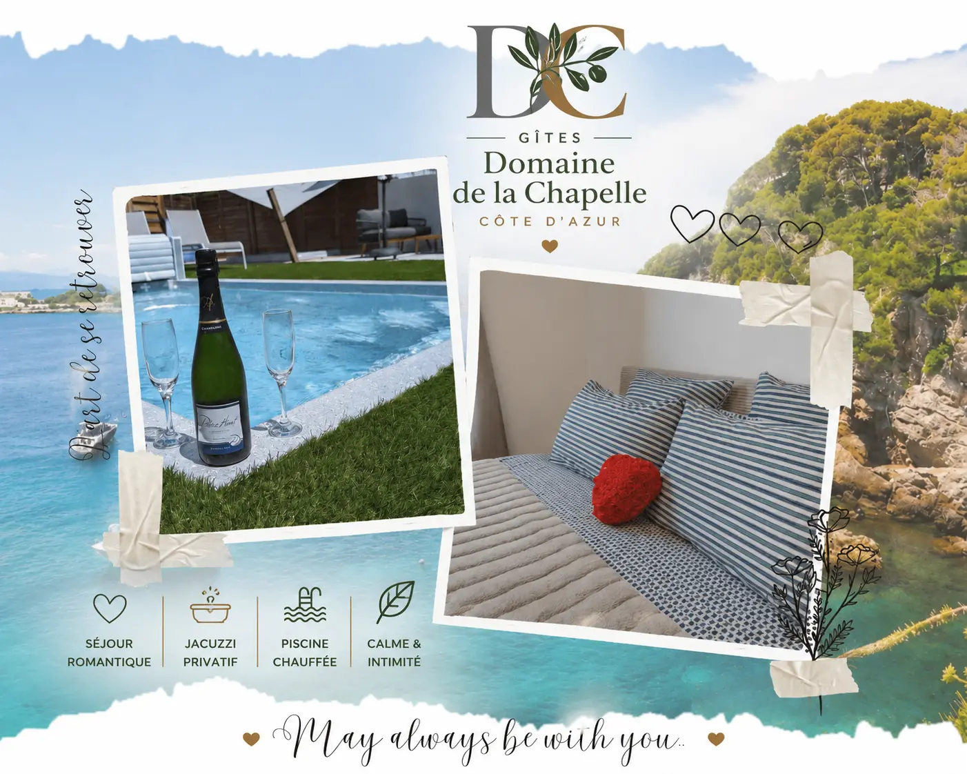 Séjour en amoureux entre villages provençaux et Méditerranée Séjour en amoureux entre villages provençaux et Méditerranée avec jacuzzi privatif et piscine chauffée aux Gîtes Domaine de la Chapelle sur la Côte d’Azur.