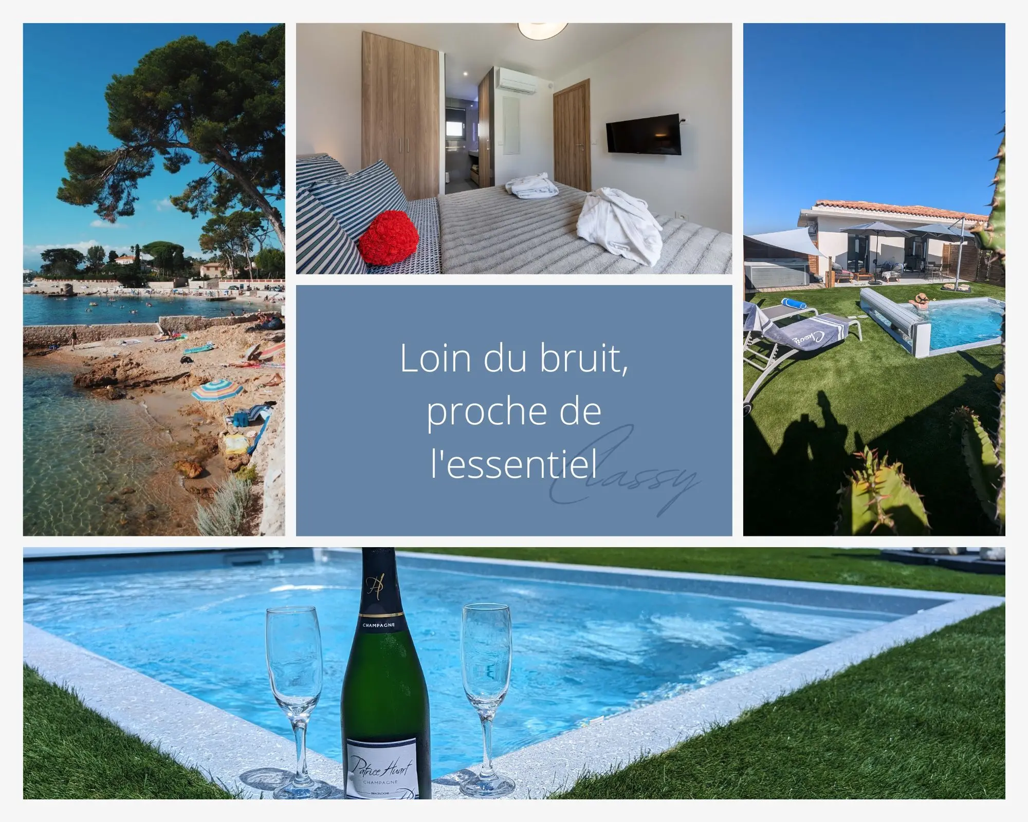 Séjour romantique Côte d’Azur loin des resorts – piscine privée et champagne Séjour romantique Côte d'Azur sans hôtel piscine chauffée champagne plage et chambre cosy
