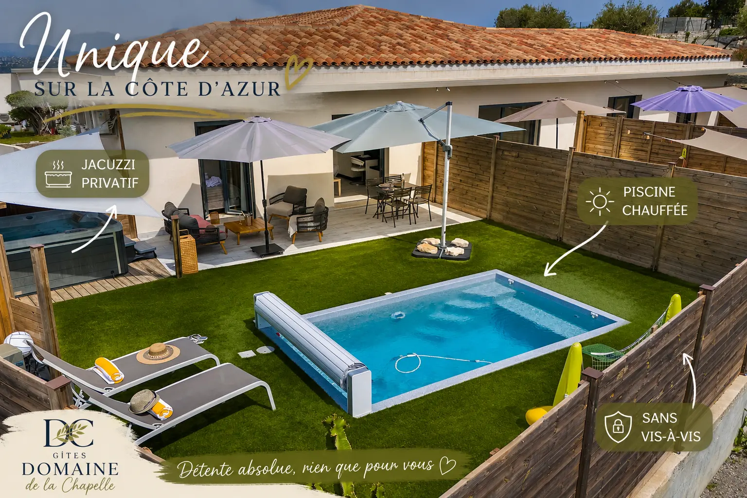 Séjour romantique French Riviera – piscine chauffée et jacuzzi privatif sans vis-à-vis Séjour romantique piscine chauffée jacuzzi privatif sans vis-à-vis Gîtes Domaine de la Chapelle Côte d'Azur