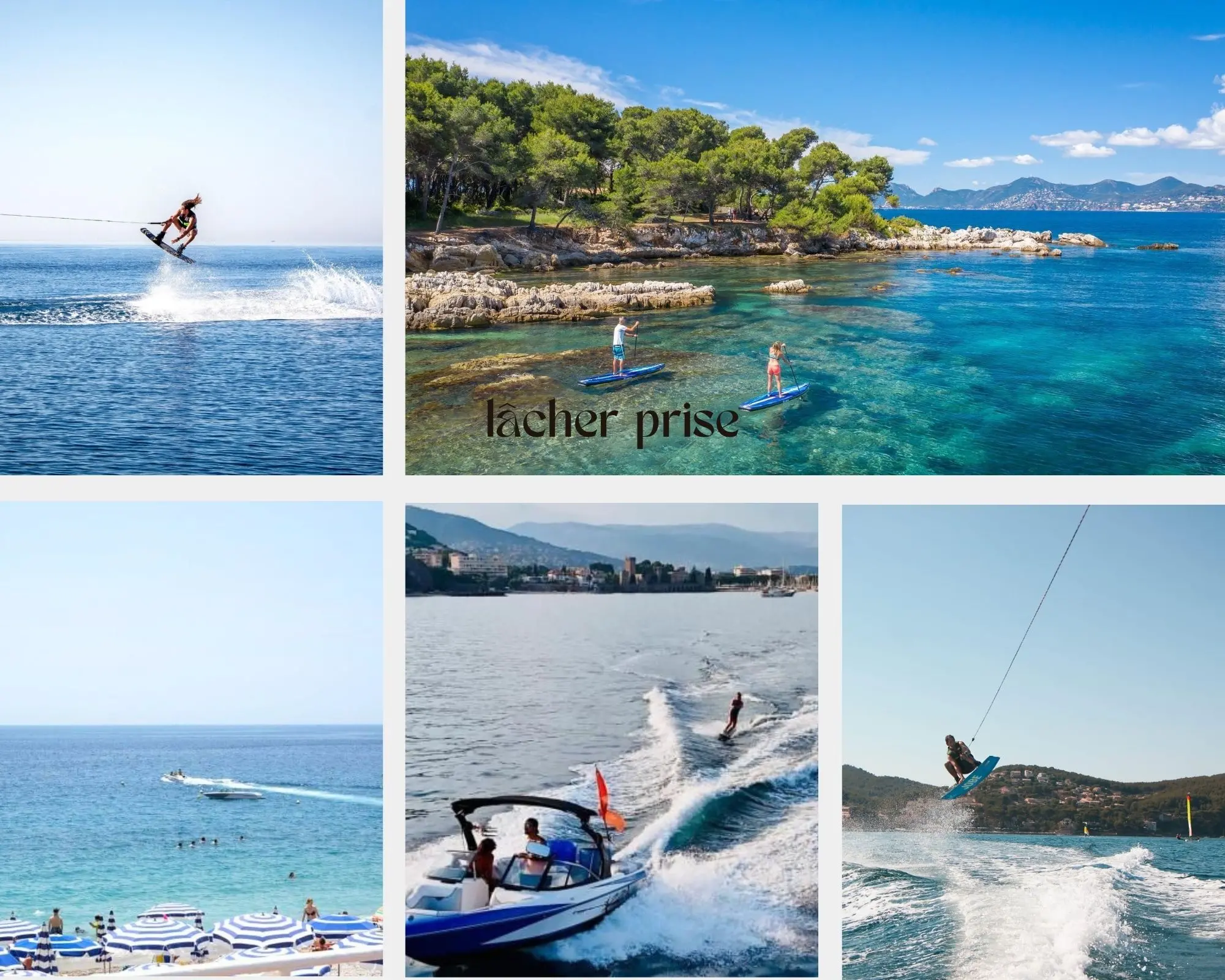 Sports nautiques sur la Côte d’Azur – montage wakeboard, ski nautique et paddle dans les criques turquoise Sports nautiques sur la Côte d'Azur montage wakeboard ski nautique et paddle dans les criques turquoise