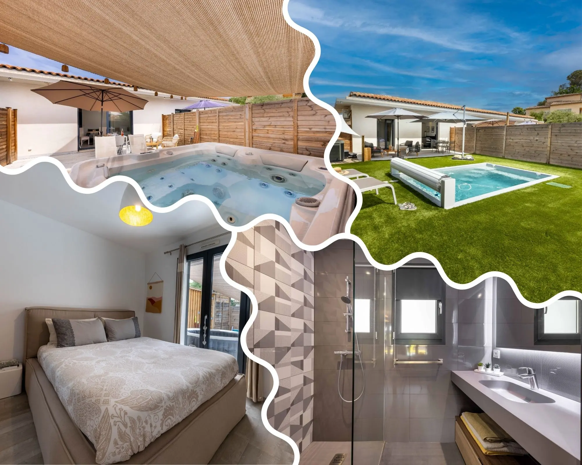 Gîte cocooning Côte d’Azur – jacuzzi privatif chambre cosy et piscine chauffée Gîte cocooning Côte d'Azur jacuzzi privatif chambre piscine chauffée et salle d'eau design