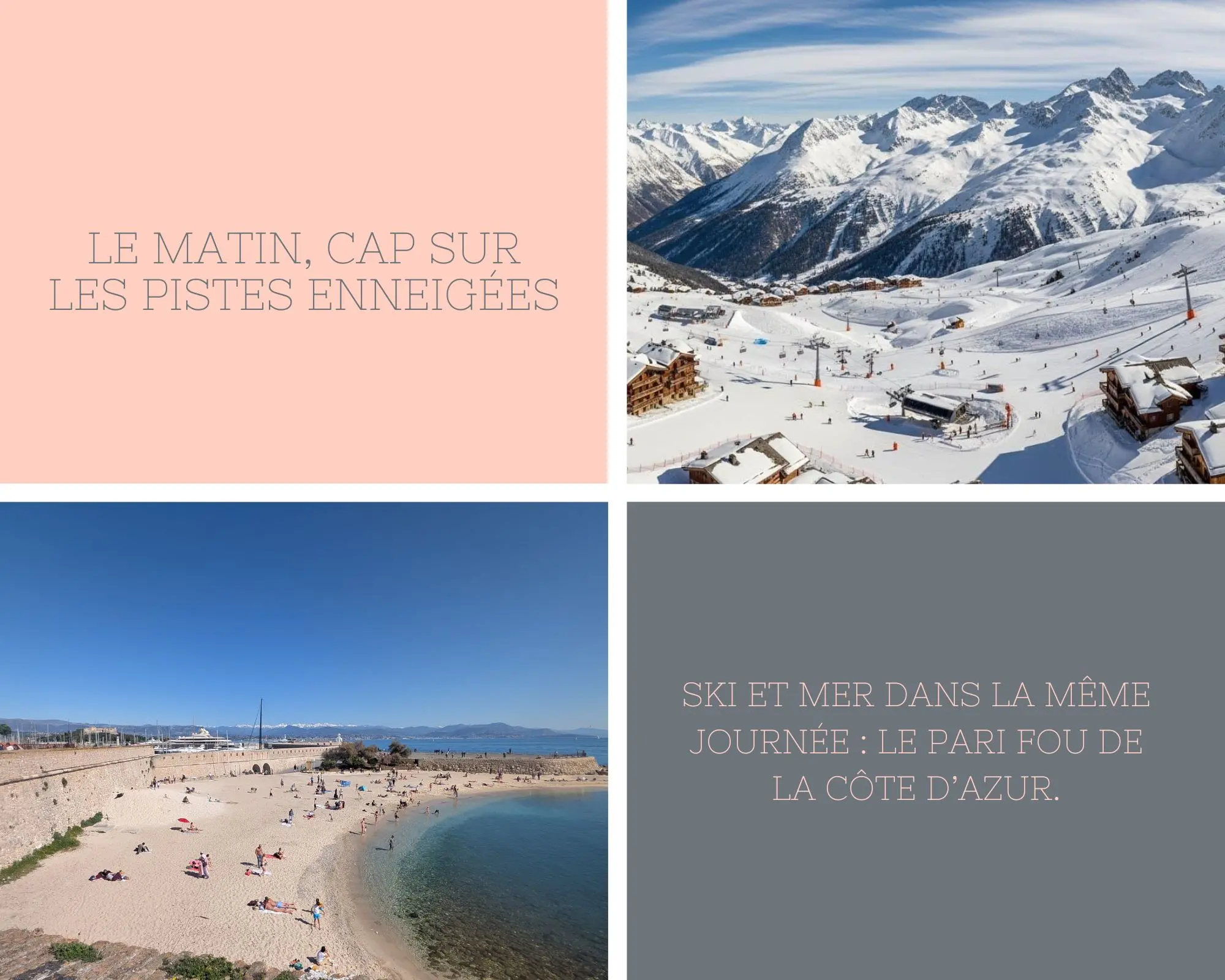 Ski le matin, mer l’après-midi sur la Côte d’Azur Ski et mer sur la Côte d'Azur – pistes enneigées du Mercantour avec la Méditerranée à l'horizon