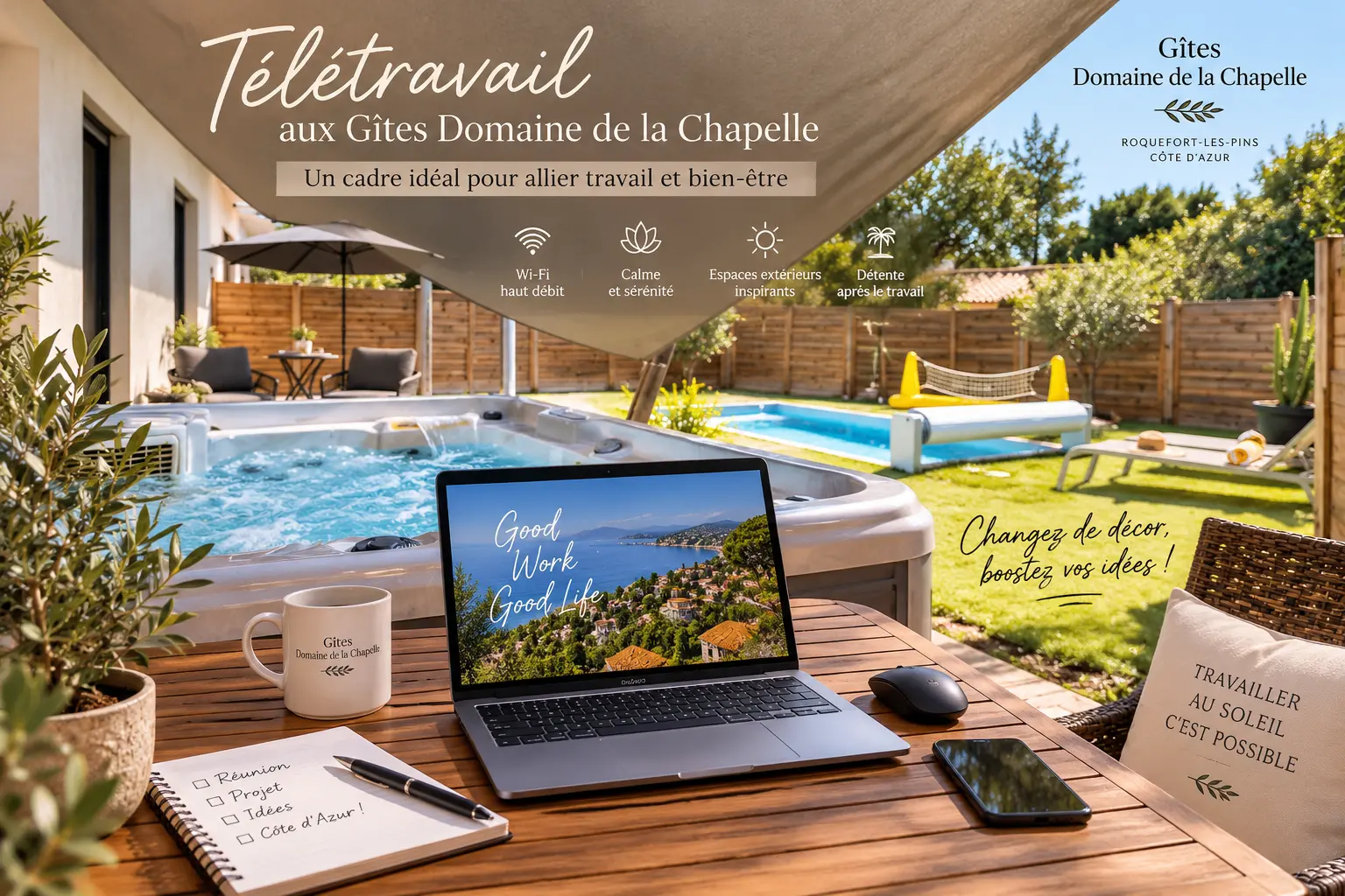 Terrasse privative d'un gîte de la Côte d'Azur adaptée au télétravail